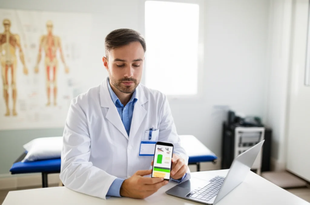 Un fisioterapista sulla trentina, con indosso un camice bianco, è seduto a una scrivania ordinata in uno studio moderno e luminoso. Sta guardando con attenzione lo schermo di uno smartphone, che mostra un'infografica colorata relativa a tecniche di riabilitazione. Sullo sfondo, si intravedono attrezzature fisioterapiche. Obiettivo da ritratto 50mm, luce naturale diffusa dalla finestra, profondità di campo che mantiene a fuoco il fisioterapista e lo smartphone, sfocando leggermente lo sfondo.