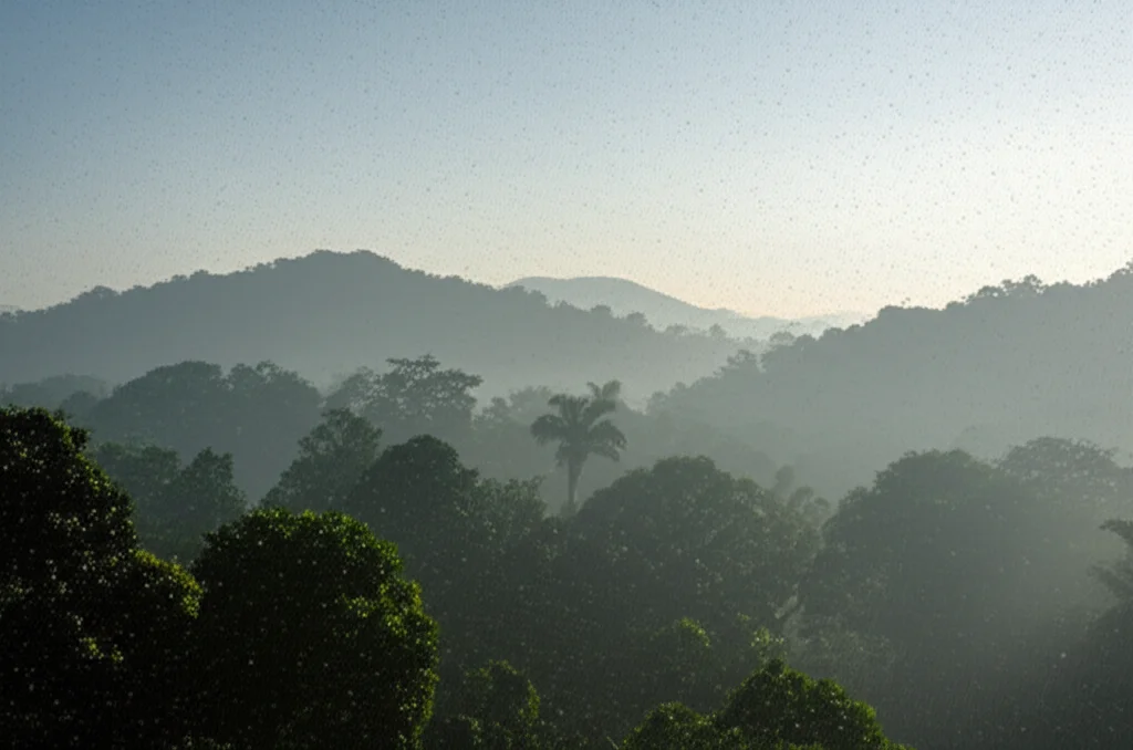 Visualizzazione artistica di particelle di PM2.5 che fluttuano nell'aria sopra un paesaggio thailandese lussureggiante, con un cielo parzialmente offuscato dalla foschia. Obiettivo macro da 60mm per dettagli sulle particelle, illuminazione diffusa per un'atmosfera realistica.
