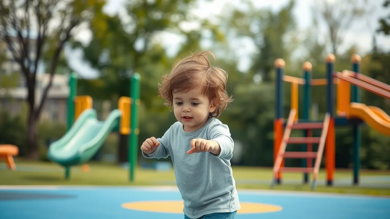 Un bambino che gioca all'aperto in un parco giochi, con un leggero effetto di foschia sullo sfondo a simboleggiare la qualità dell'aria. Scatto con teleobiettivo zoom 100-400mm per isolare il soggetto, velocità dell'otturatore elevata per congelare il movimento, luce naturale.