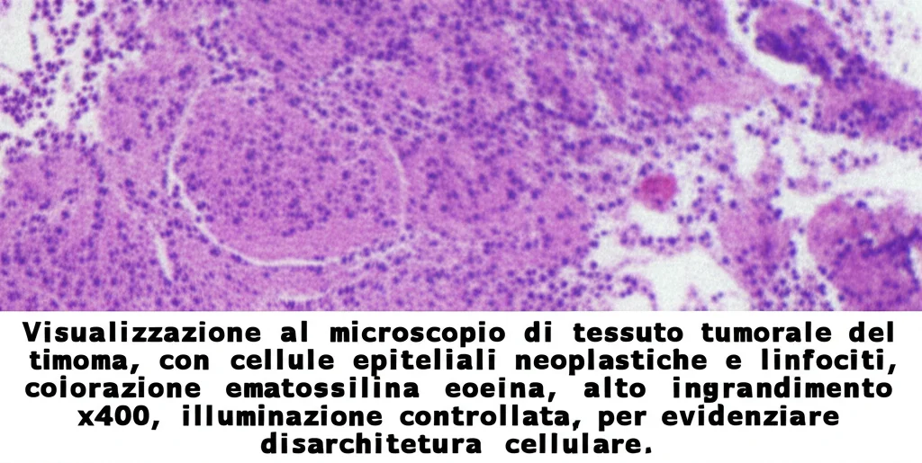 Visualizzazione al microscopio di tessuto tumorale del timoma, con cellule epiteliali neoplastiche e linfociti, colorazione ematossilina eosina, alto ingrandimento x400, illuminazione controllata, per evidenziare l'architettura cellulare.
