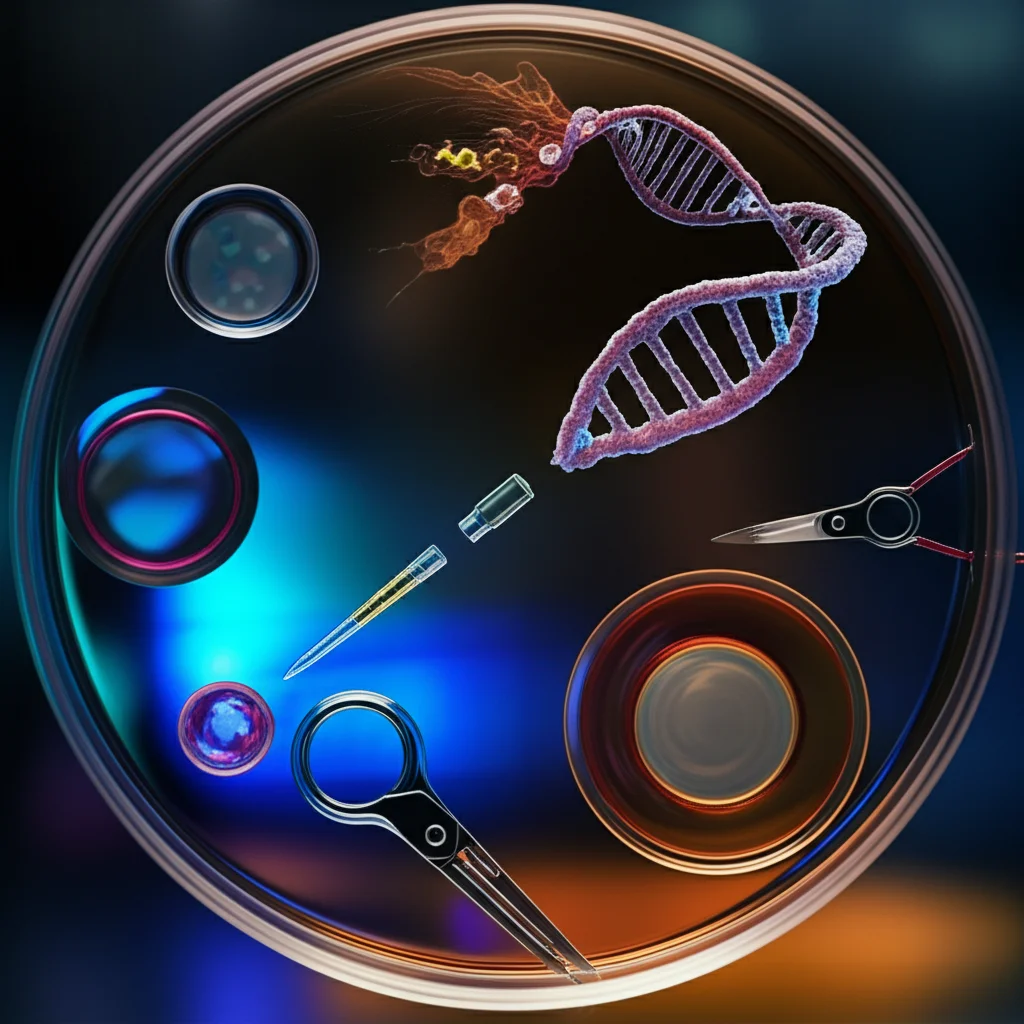 Macro fotografia di piastra Petri con colture cellulari sotto luce da laboratorio, con sovrapposizione grafica di eliche di DNA e forbici molecolari, simboleggianti il prime editing. Macro lens, 60mm, high detail, precise focusing, controlled lighting.