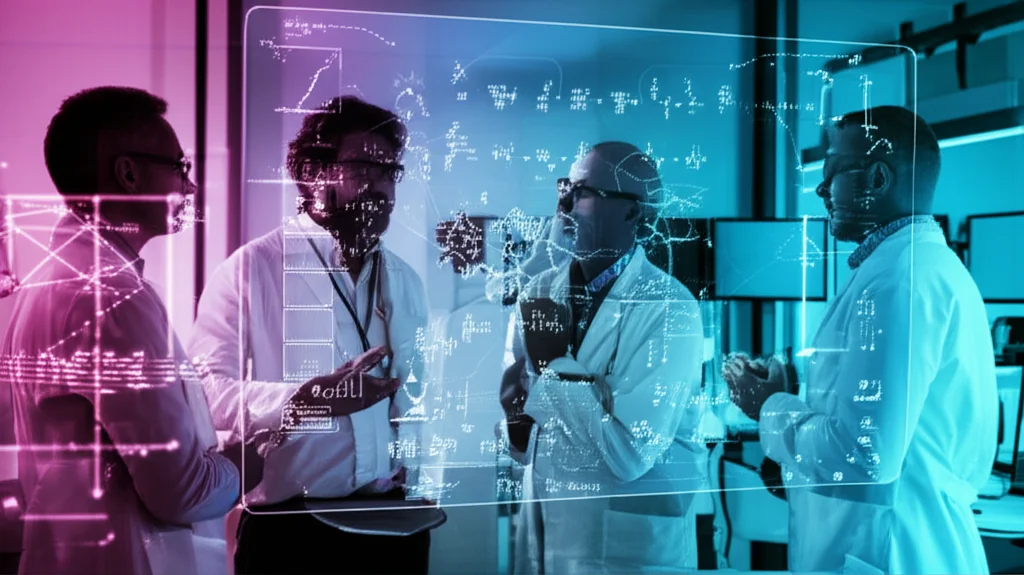Un gruppo di ricercatori in un laboratorio moderno, che discutono animatamente davanti a un grande schermo trasparente che mostra complesse reti neurali e formule matematiche fluttuanti. L'ambiente è illuminato da luci soffuse e riflessi high-tech. Prime lens, 35mm, depth of field, duotone ciano e magenta.