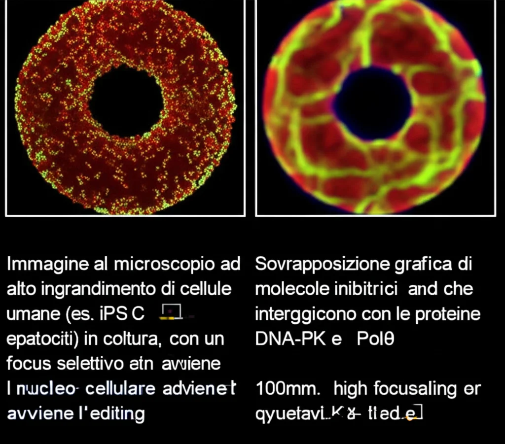 Immagine al microscopio ad alto ingrandimento di cellule umane (es. iPSC o epatociti) in coltura, con un focus selettivo su un nucleo cellulare dove avviene l'editing genetico. Sovrapposizione grafica di molecole inibitrici che interagiscono con le proteine DNA-PK e Polϴ. Macro lens, 100mm, high detail, precise focusing, controlled lighting.