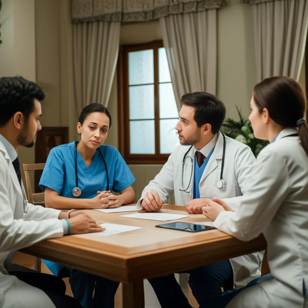 Un gruppo di professionisti sanitari – un medico, un infermiere e un farmacista – discutono collaborativamente attorno a un tavolo in una sala riunioni luminosa di una casa di riposo. Telephoto zoom, 150mm, fast shutter speed, focus sulla collaborazione e interazione tra i professionisti.
