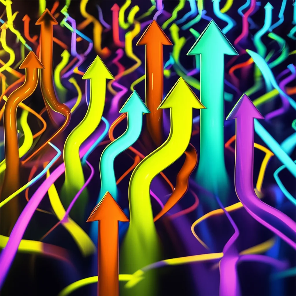 Visualizzazione astratta di un processo decisionale: frecce colorate e luminose che rappresentano diverse opzioni si muovono attraverso un labirinto di nodi (criteri), con alcune frecce che vengono scartate e una che emerge vittoriosa. Macro lens, 60mm, high detail, precise focusing, controlled lighting con effetti bokeh sullo sfondo.