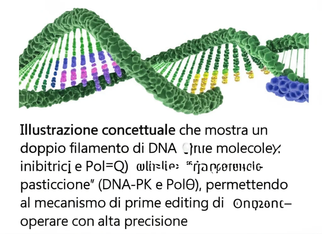 Illustrazione concettuale che mostra un doppio filamento di DNA con un sito di editing genetico. Due molecole inibitrici (DNA-PKi e PolQi) bloccano le proteine 'riparatrici pasticcione' (DNA-PK e Polϴ), permettendo al meccanismo di prime editing di operare con alta precisione. Sfondo pulito e scientifico. Macro, 105mm, high detail, controlled lighting.