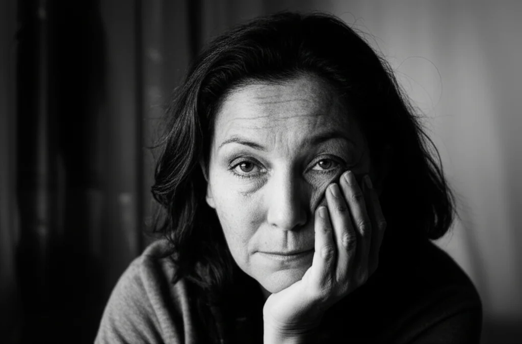 Ritratto di una donna di circa 35 anni con espressione tesa, mano sulla mascella, in un ambiente domestico scarsamente illuminato che suggerisce preoccupazione e disturbi del sonno. Obiettivo da ritratto 35mm, bianco e nero, profondità di campo.