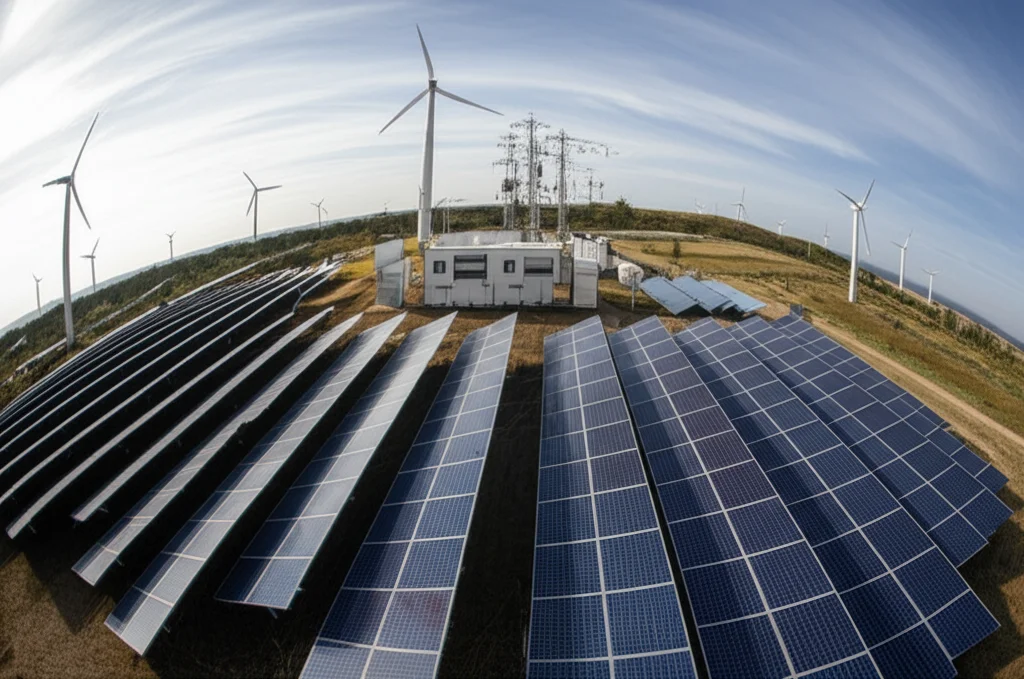 Una microrete elettrica moderna e complessa, con pannelli solari visibili e turbine eoliche in lontananza, collegata a una sottostazione. Vista dall'alto, wide-angle 10mm, long exposure per nuvole sfumate, focus nitido sull'infrastruttura.