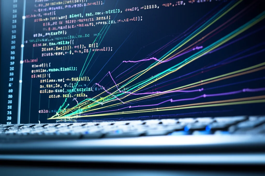 Un primo piano di uno schermo di computer che mostra complesse linee di codice MATLAB e grafici di convergenza di algoritmi euristici, con una tastiera leggermente sfocata in primo piano. Macro lens, 60mm, high detail sul codice, controlled lighting per enfatizzare lo schermo.