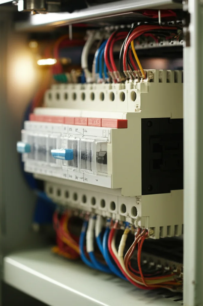Un relè di sovracorrente industriale montato su un pannello di controllo, con fili colorati collegati. Luce laterale per creare ombre e profondità, evidenziando i dettagli del dispositivo. Prime lens, 35mm, depth of field per far risaltare il relè.