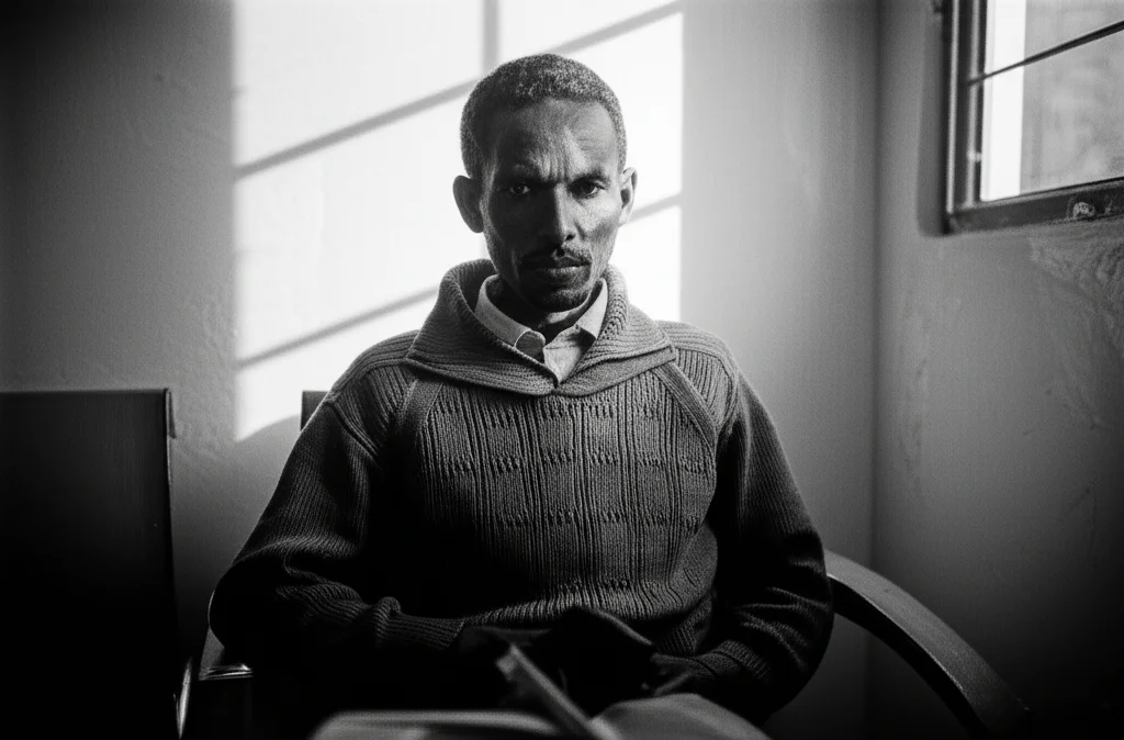 Ritratto di un paziente etiope dall'aspetto stanco ma determinato, seduto in una semplice sala d'attesa ospedaliera. Luce naturale da una finestra laterale, prime lens 35mm, bianco e nero con forte contrasto (film noir style), profondità di campo che sfoca leggermente lo sfondo per concentrarsi sull'espressione del soggetto.