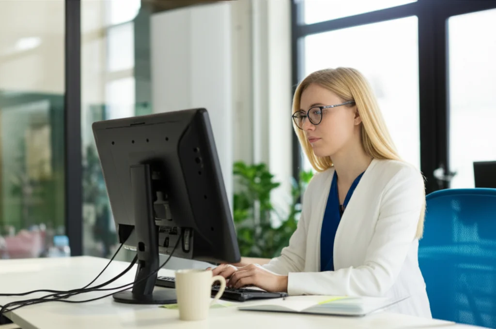 Un ufficio moderno e luminoso nel Nord Italia, con una donna professionista che lavora concentrata al suo computer, simboleggiando la partecipazione femminile al mercato del lavoro. Luce naturale, prime lens 35mm, depth of field, colori neutri con un tocco di blu.