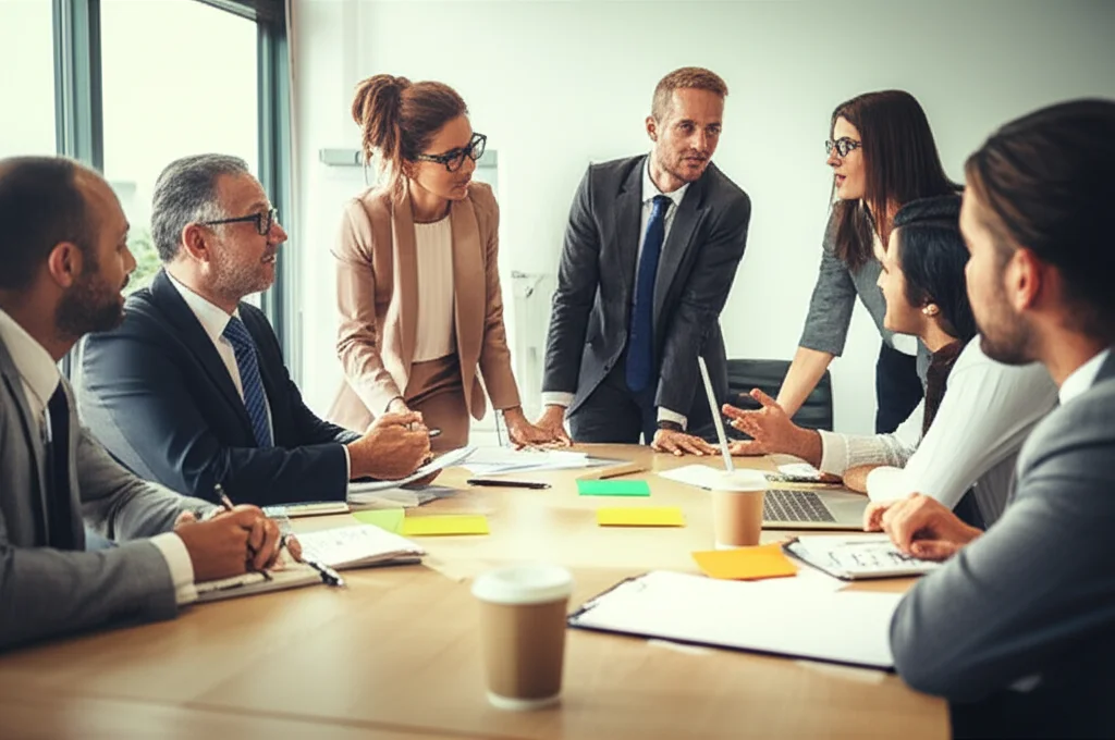 Una sala riunioni in un'azienda del Nord Italia, con un gruppo eterogeneo di persone (uomini e donne) che discutono animatamente attorno a un tavolo, a simboleggiare l'importanza delle politiche aziendali. Zoom lens 24-70mm, luce soffusa ma chiara, focus sui volti espressivi.