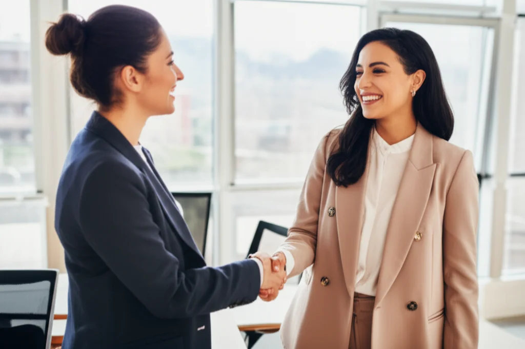 Una donna sorridente stringe la mano a un collega in un ambiente di lavoro collaborativo e positivo nel Nord Italia, rappresentando il superamento del divario e la parità di opportunità. Prime lens 50mm, colori caldi, atmosfera accogliente.