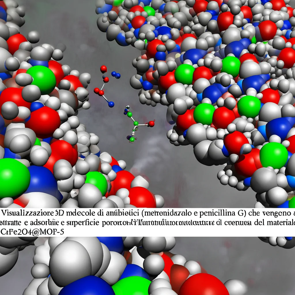 Visualizzazione 3D di molecole di antibiotici (metronidazolo e penicillina G) che vengono attratte e adsorbite sulla superficie porosa e complessa del materiale CrFe2O4@MOF-5. Illuminazione che evidenzia l'interazione molecolare, obiettivo macro 105mm, alta precisione.