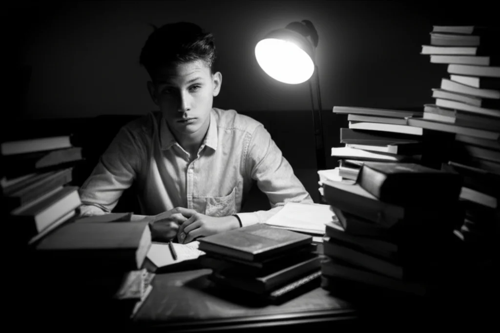Un ritratto in bianco e nero, stile film noir, di uno studente pensieroso seduto a una scrivania con libri di inglese, illuminato da una singola lampada, profondità di campo che sfoca lo sfondo. Lente prime 35mm.