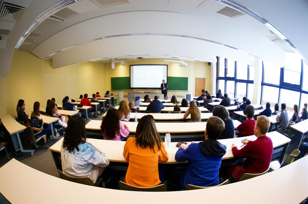Fotografia grandangolare, 10mm, di un'aula universitaria moderna e luminosa, vista dal fondo, con studenti che ascoltano un professore, lavagna interattiva sullo sfondo. Messa a fuoco nitida su tutta la scena.