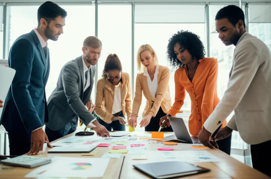 Un gruppo eterogeneo di professionisti in una sala riunioni luminosa, che collaborano attorno a un tavolo pieno di post-it e diagrammi, discutendo animatamente. Obiettivo prime 35mm, profondità di campo per mettere a fuoco il gruppo ma sfocare leggermente lo sfondo.