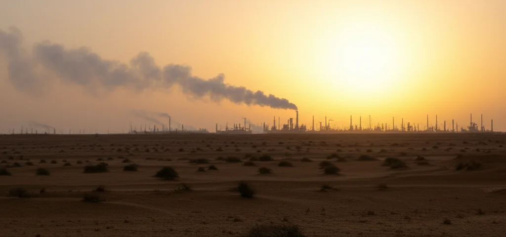 Un panorama desertico del Kuwait al tramonto, con in primo piano un sottile pennacchio di fumo da una fonte industriale lontana, l'aria leggermente velata. Landscape wide angle 10mm, long exposure, sharp focus.