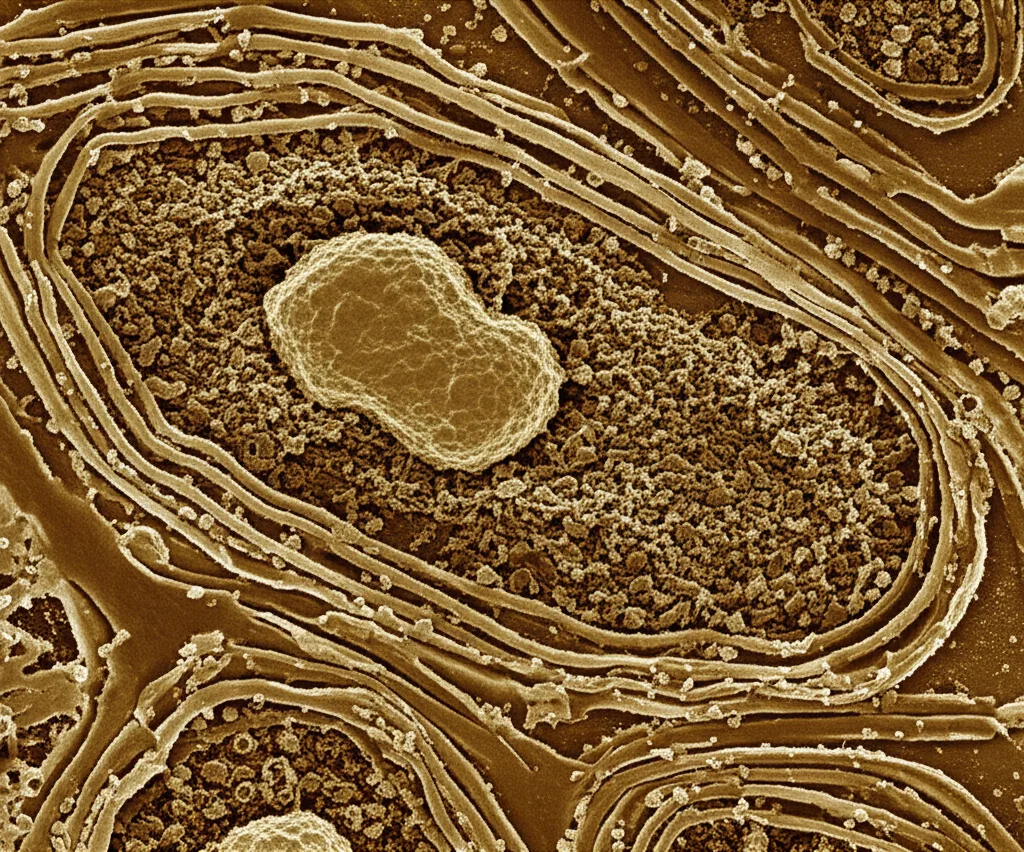 Immagine al microscopio elettronico di lisosomi all'interno di una cellula cancerosa, con dettagliate membrane lipidiche e particelle di ferro accumulate. Illuminazione laterale per evidenziare le texture, obiettivo macro 100mm, alta definizione.