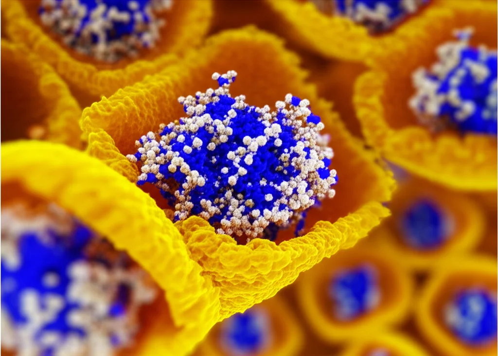 Animazione 3D fotorealistica di Fentomycin-1 che interagisce con il ferro all'interno di un lisosoma, scatenando una cascata di ossidazione lipidica sulla membrana lisosomiale. Obiettivo macro 60mm, con effetto 'profondità di campo' per mettere a fuoco l'interazione.