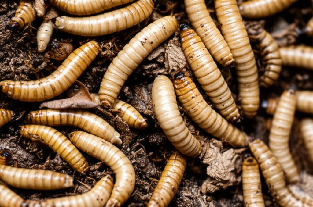 Macro fotografia di larve di mosca soldato nera (Hermetia illucens) che si nutrono attivamente su un letto di scarti organici di colore marrone chiaro, 105mm macro lens, high detail, precise focusing, controlled lighting per evidenziare la lucentezza delle larve e la texture del substrato.