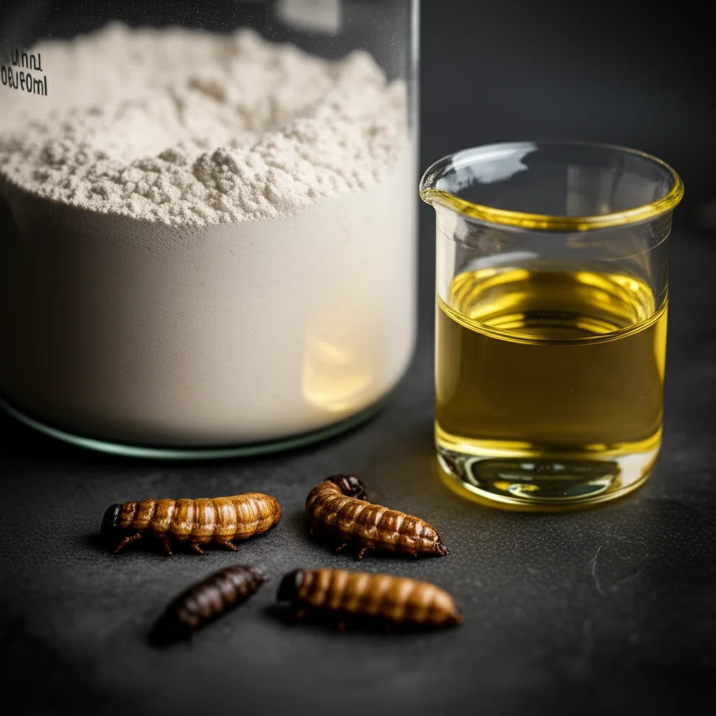 Still life di prodotti derivati dalla bioraffineria di insetti: un mucchietto di farina proteica di BSFL di colore beige chiaro, accanto a una piccola beuta contenente biodiesel limpido e alcune larve essiccate di colore marrone scuro. Macro lens 100mm, high detail, precise focusing, controlled lighting per esaltare le texture e i colori dei diversi prodotti.