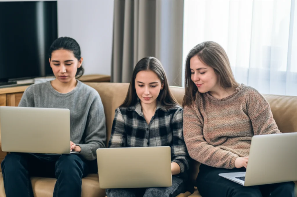 Ritratto di gruppo di studenti universitari polacchi, età 20-25 anni, che partecipano attivamente a una lezione online tramite laptop in un ambiente domestico accogliente durante il lockdown. Obiettivo prime 35mm, luce naturale soffusa dalla finestra, profondità di campo che sfoca leggermente lo sfondo, espressioni concentrate ma positive. Stile documentaristico.