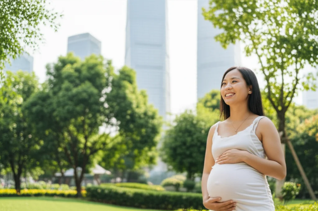 Una donna incinta di etnia asiatica, sui 30 anni, sorridente mentre passeggia in un parco urbano lussureggiante a Shanghai, con grattacieli moderni visibili sullo sfondo ma leggermente sfocati. Luce mattutina soffusa che filtra tra le foglie degli alberi. Obiettivo da 35mm, profondità di campo per mettere a fuoco la donna e il verde immediato. Stile fotorealistico, colori vivaci ma naturali.