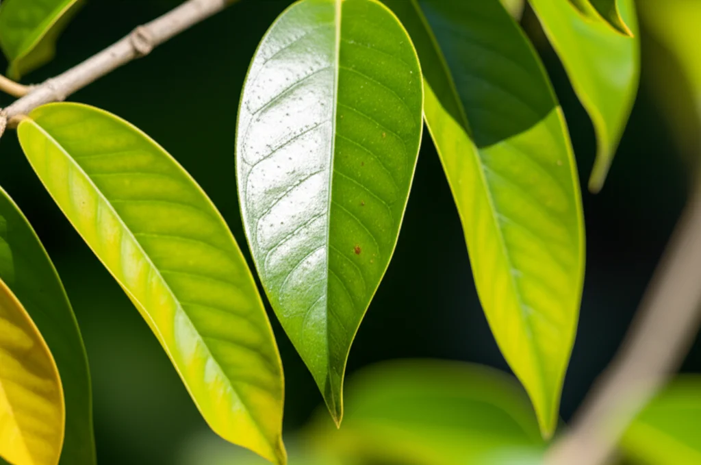 Macro fotografia di foglie verdi brillanti di una pianta di Styrax, con luce solare che filtra attraverso, mettendo in evidenza le venature. Obiettivo macro 90mm, alta definizione, illuminazione naturale controllata per esaltare la freschezza del fogliame.
