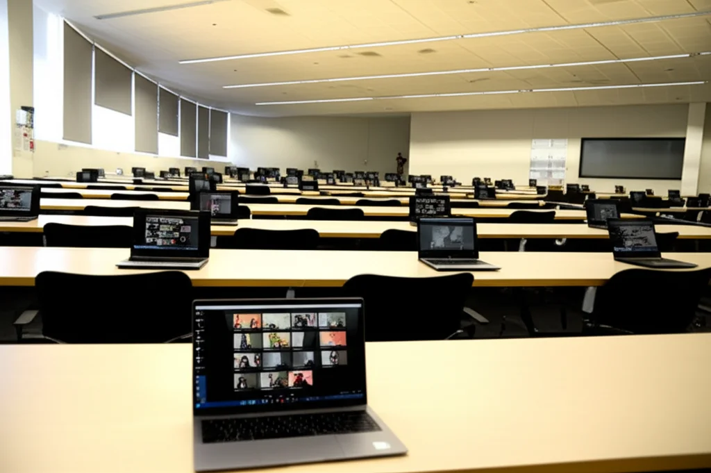 Foto grandangolare di un'aula universitaria moderna ma vuota, con laptop aperti sui banchi che mostrano diverse schermate di videoconferenza, simboleggiando l'apprendimento ibrido e le sfide della partecipazione. Obiettivo grandangolare 18mm, luce ambientale mista (neon e luce diurna), messa a fuoco nitida su tutta la scena, per trasmettere un senso di spazio e tecnologia.