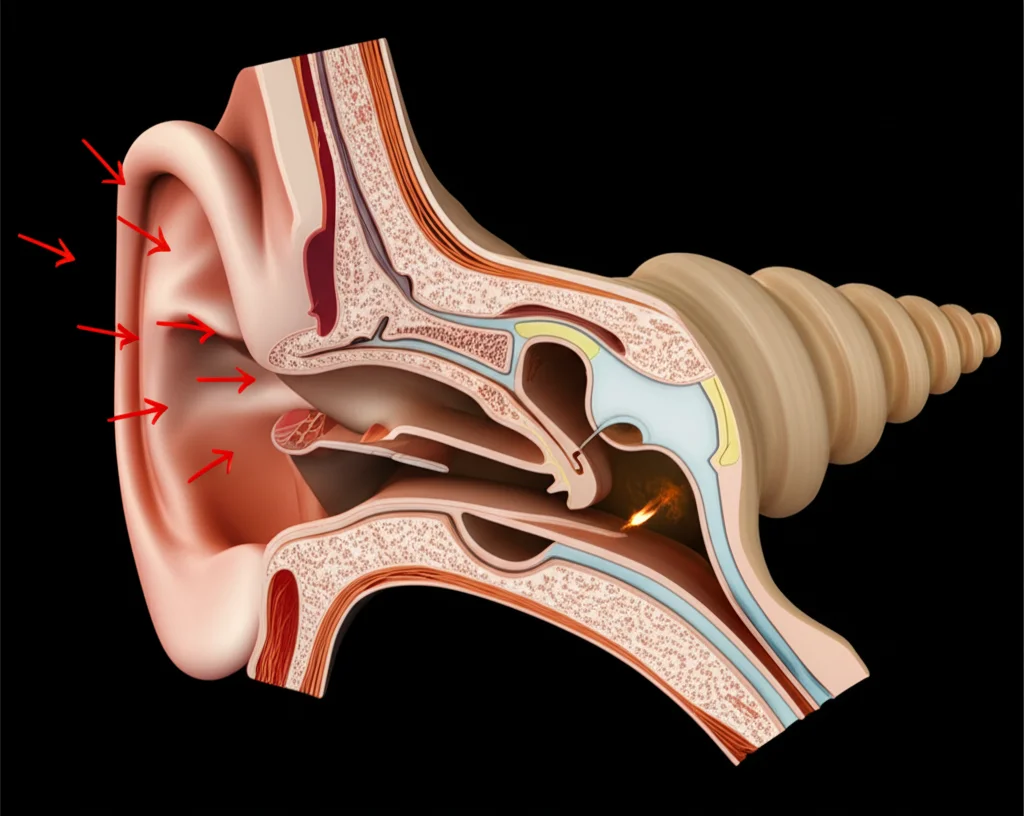 Immagine stilizzata dell'orecchio interno, con la coclea in evidenza e piccole frecce rosse che indicano infiammazione dei vasi sanguigni circostanti. Obiettivo macro 60mm, illuminazione controllata per evidenziare i dettagli, sfondo scuro per far risaltare la coclea.