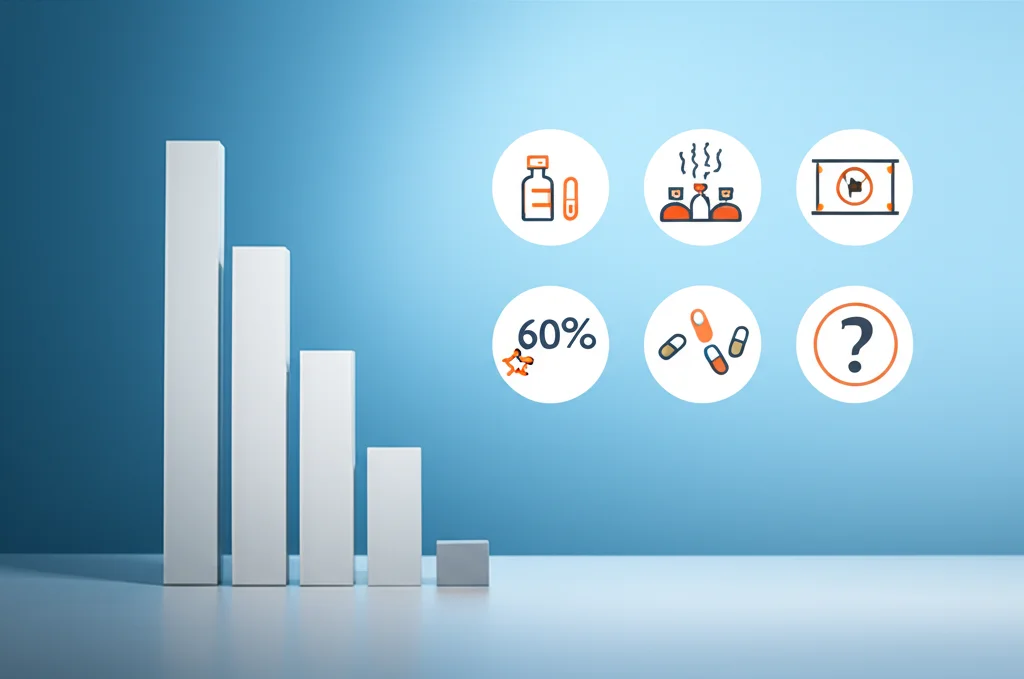 Grafico a barre stilizzato che mostra la prevalenza dell'ipoacusia neurosensoriale in pazienti con malattia di Behçet, con una barra che indica il 60%. Accanto, icone che rappresentano sintomi e farmaci con un punto interrogativo, a simboleggiare la mancanza di correlazione con la gravità. Illuminazione da studio, colori chiari e leggibili, obiettivo da 50mm.