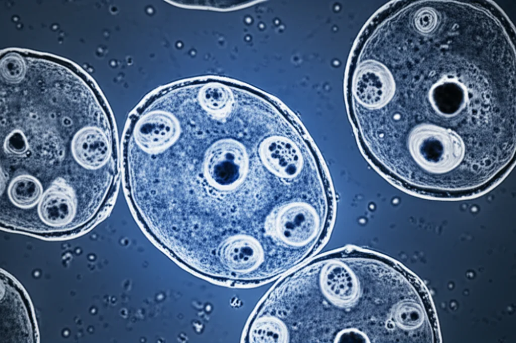 Immagine macro di cellule testicolari di ratto al microscopio, alcune sane e altre danneggiate, con un effetto di luce che suggerisce l'azione protettiva di una molecola, obiettivo macro 100mm, illuminazione da laboratorio controllata, con un leggero effetto duotone blu e grigio per enfatizzare l'aspetto scientifico.