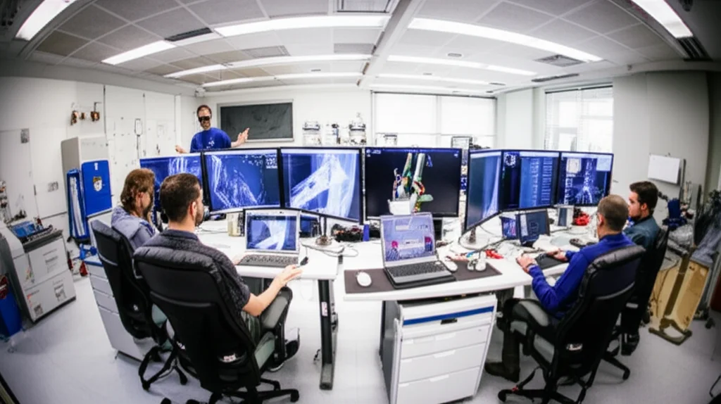 Immagine wide-angle di un laboratorio di biomeccanica avanzato, con schermi che mostrano analisi 3D di articolazioni, manichini per test e ricercatori al lavoro, lente wide-angle 18mm, per dare un contesto alla ricerca scientifica sulla ricostruzione dei legamenti.