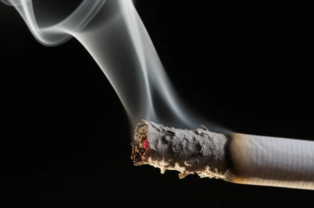 Primo piano macro di una sigaretta accesa con fumo che si dissolve lentamente nell'aria, illuminazione controllata per evidenziare i dettagli della cenere ardente e del fumo denso, su uno sfondo scuro e neutro che suggerisce i rischi per la salute. Lente macro 100mm, alta definizione dei dettagli, luce soffusa laterale.