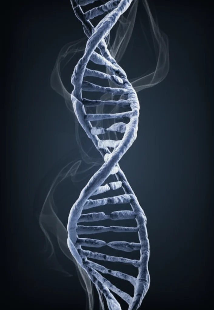 Visualizzazione concettuale astratta di una doppia elica di DNA che si intreccia con filamenti di fumo stilizzati, su uno sfondo scuro. L'immagine dovrebbe avere un'illuminazione drammatica per evidenziare le texture e le forme, con una profondità di campo ridotta per mettere a fuoco l'interazione. Lente prime 35mm, stile film noir con duotone blu e grigio.