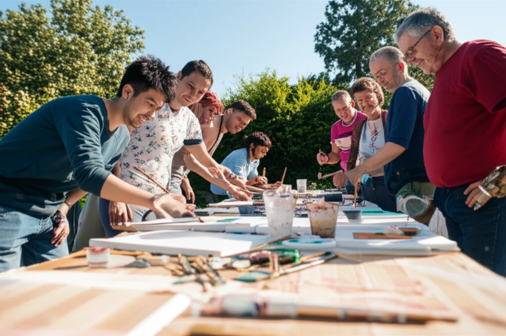 Un gruppo eterogeneo di persone di età e background diversi che partecipano con entusiasmo a un laboratorio artistico comunitario all'aperto, sotto un cielo sereno. Pennelli, colori e tele sono sparsi su tavoli. L'immagine è scattata con un obiettivo prime da 35mm, con una leggera profondità di campo per mettere a fuoco i sorrisi e l'interazione, luce naturale brillante.