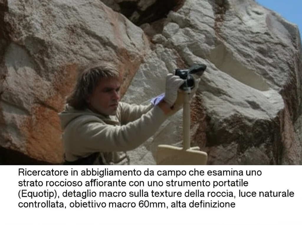 Ricercatore in abbigliamento da campo che esamina uno strato roccioso affiorante con uno strumento portatile (Equotip), dettaglio macro sulla texture della roccia, luce naturale controllata, obiettivo macro 60mm, alta definizione.
