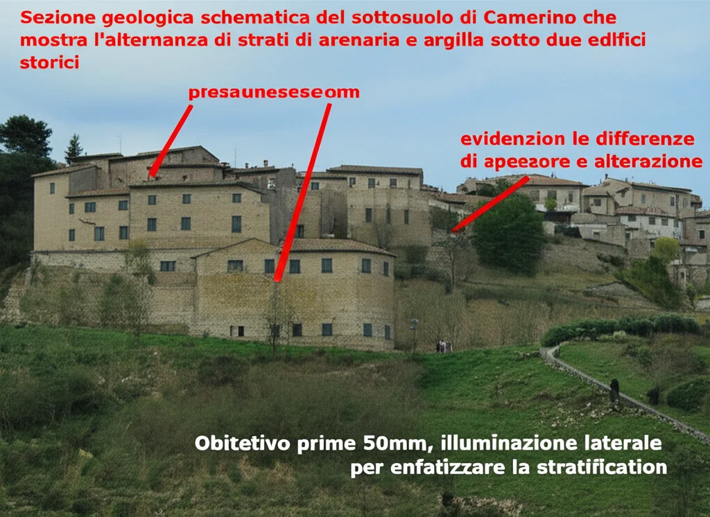 Sezione geologica schematica del sottosuolo di Camerino che mostra l'alternanza di strati di arenaria e argilla sotto due edifici storici, con evidenziate le differenze di spessore e alterazione. Obiettivo prime 50mm, illuminazione laterale per enfatizzare la stratificazione, alta definizione.