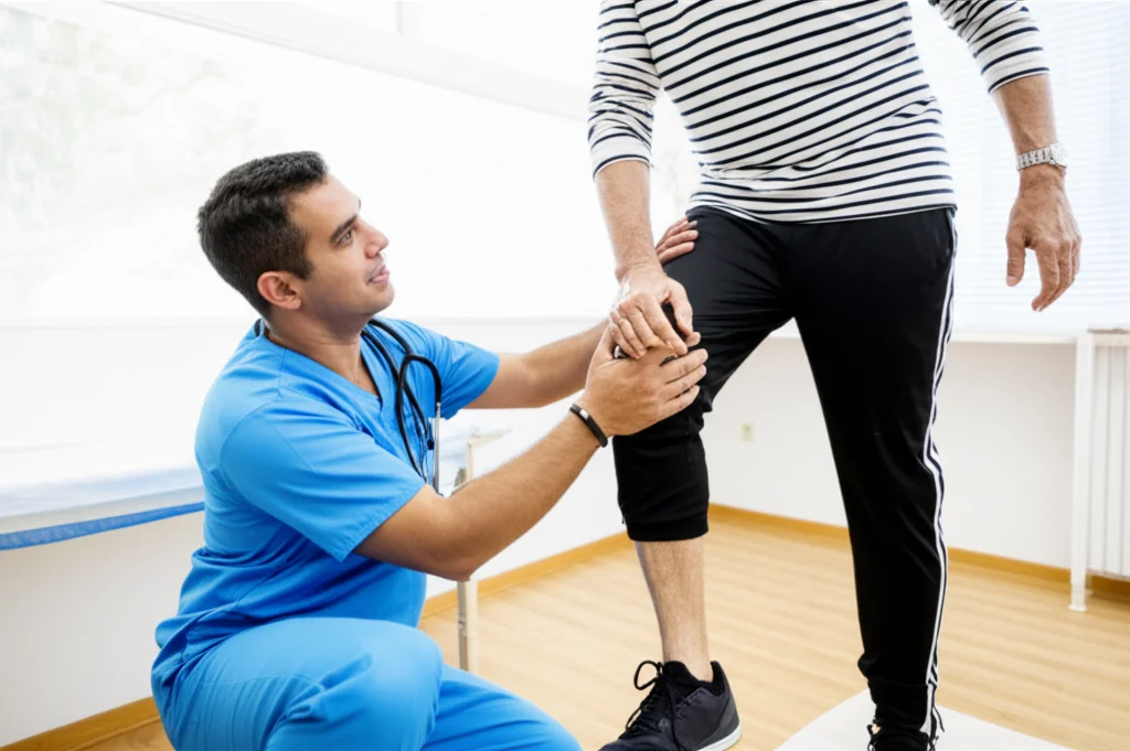 Un fisioterapista aiuta un paziente anziano a eseguire esercizi di riabilitazione per il ginocchio in una clinica luminosa. Fotografia sportiva, obiettivo teleobiettivo zoom 100-400mm, per catturare il movimento e l'interazione, con fast shutter speed per congelare l'azione.