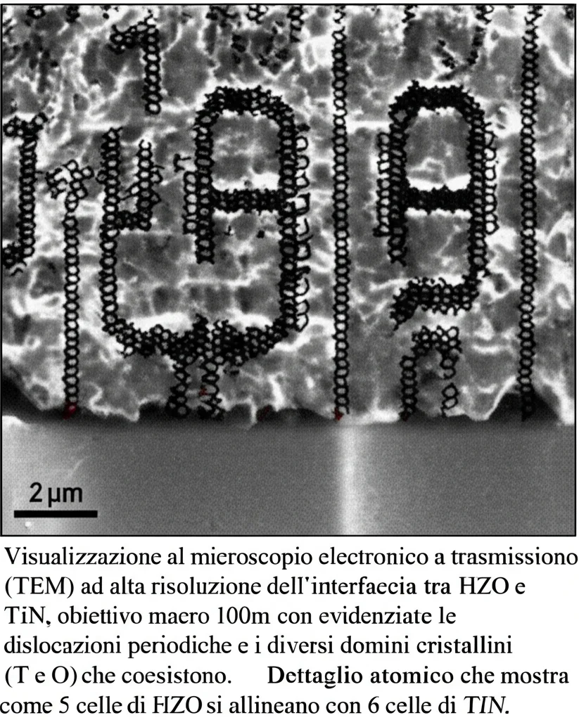 Visualizzazione al microscopio elettronico a trasmissione (TEM) ad alta risoluzione dell'interfaccia tra HZO e TiN, obiettivo macro 100mm, con evidenziate le dislocazioni periodiche e i diversi domini cristallini (T e O) che coesistono. Dettaglio atomico che mostra come 5 celle di HZO si allineano con 6 celle di TiN.