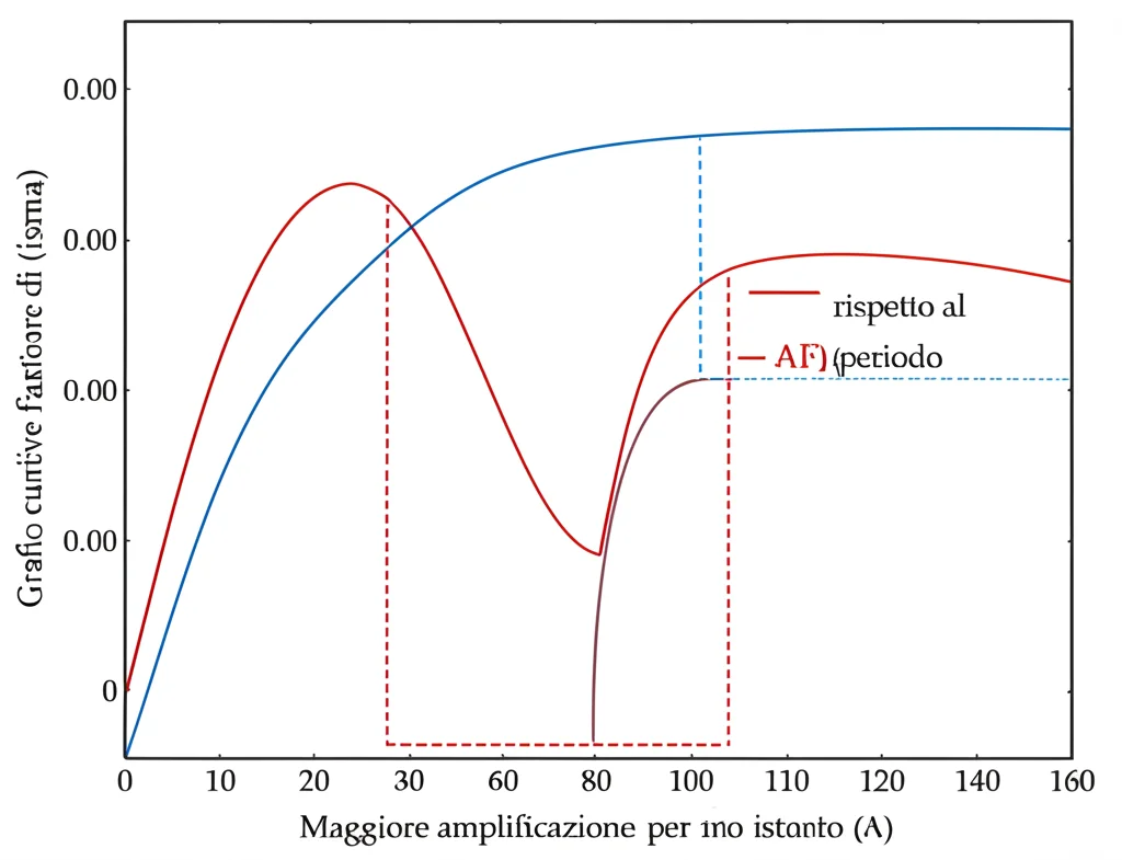 Grafico comparativo di due curve di fattore di amplificazione sismica (AF) rispetto al periodo, con un'area evidenziata che mostra la maggiore amplificazione per un sito rispetto all'altro. Stile pulito e scientifico, alta leggibilità.