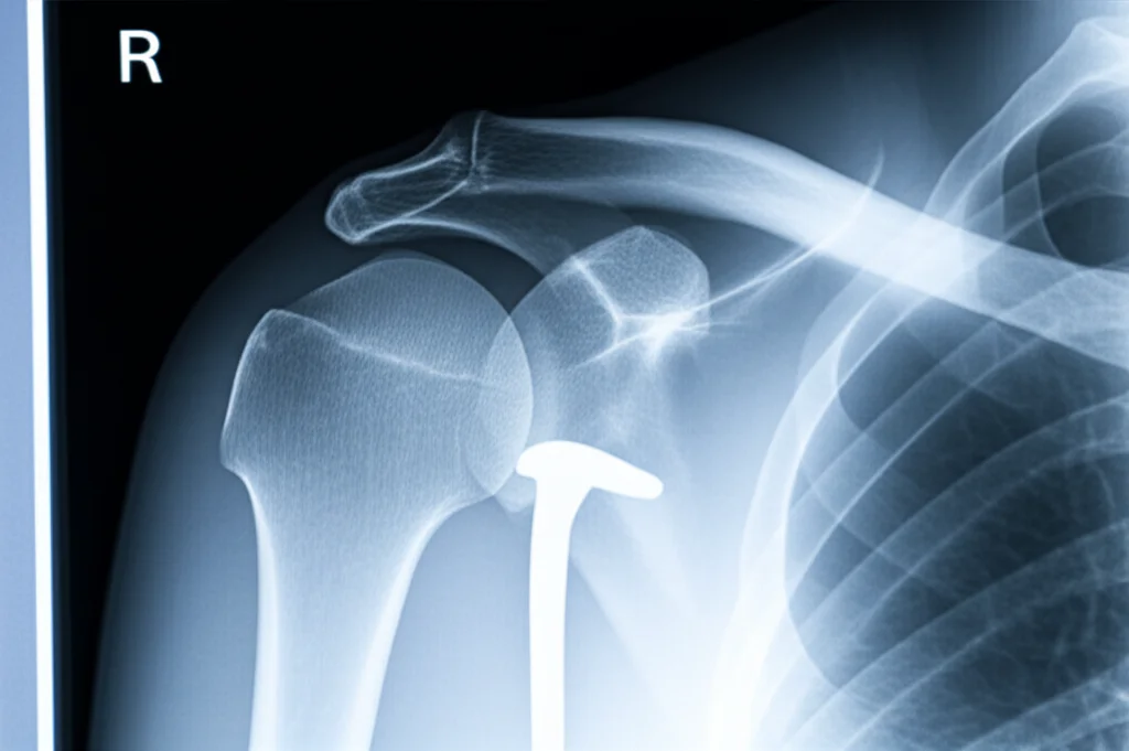 Una radiografia dettagliata di una protesi di spalla, visualizzata su un monitor medicale ad alta definizione. Macro lens, 60mm, con illuminazione controllata per evidenziare i contorni della protesi e dell'osso circostante, high detail.