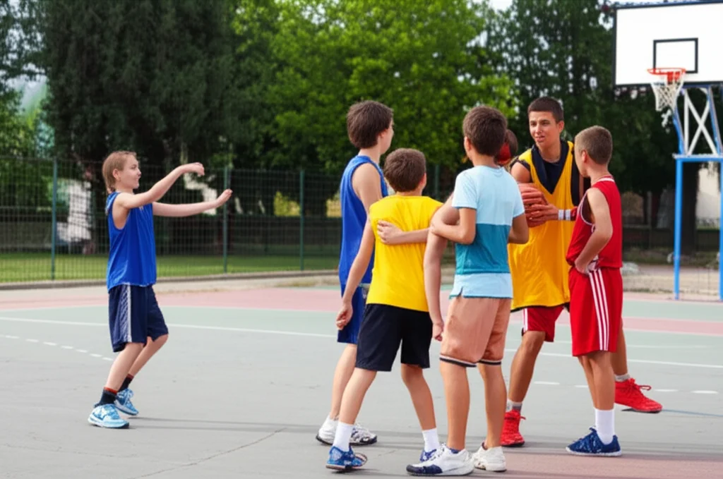 Un gruppo di adolescenti che giocano a basket in un campetto scolastico all'aperto, teleobiettivo zoom 100-400mm, alta velocità dell'otturatore per catturare l'azione, luce naturale brillante, espressioni di concentrazione e divertimento.