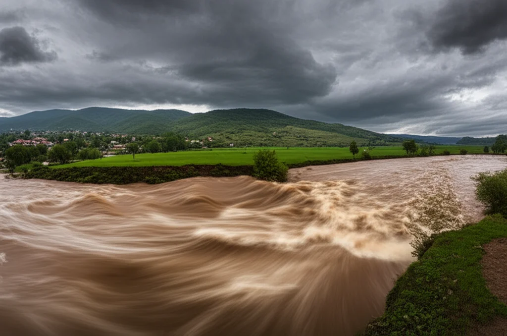 Una visualizzazione aerea di un fiume che sta per esondare in una valle turca, con nuvole temporalesche scure e dense. L'acqua del fiume è marrone e tumultuosa, già lambisce i bordi degli argini. Wide-angle lens, 10mm, long exposure per rendere l'acqua con un effetto mosso ma potente, sharp focus sul paesaggio circostante che mostra piccoli villaggi.