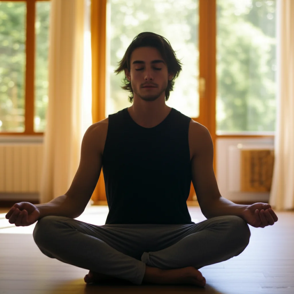 Un adolescente che medita seduto a gambe incrociate in una stanza luminosa e tranquilla, obiettivo macro 60mm per un dettaglio sul viso sereno, illuminazione controllata e soffusa.