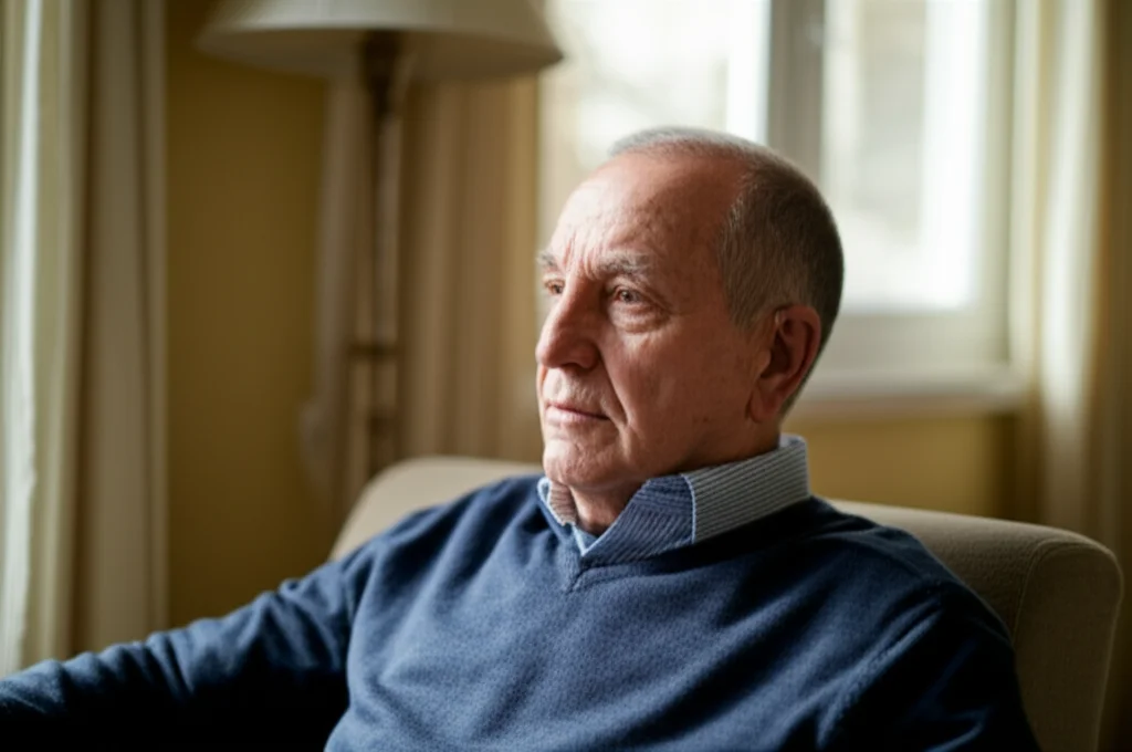 Ritratto di un adulto maturo con un impianto cocleare visibile, espressione pensierosa ma serena, in un ambiente domestico confortevole, obiettivo 50mm, profondità di campo, luce naturale soffusa.