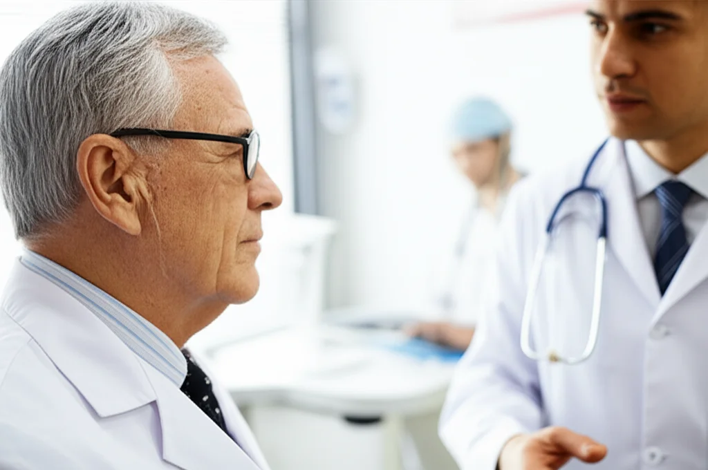 Un medico specialista ORL che esamina attentamente un paziente anziano con impianto cocleare in uno studio medico luminoso e accogliente, macro lens 85mm per dettaglio sull'interazione, illuminazione professionale.