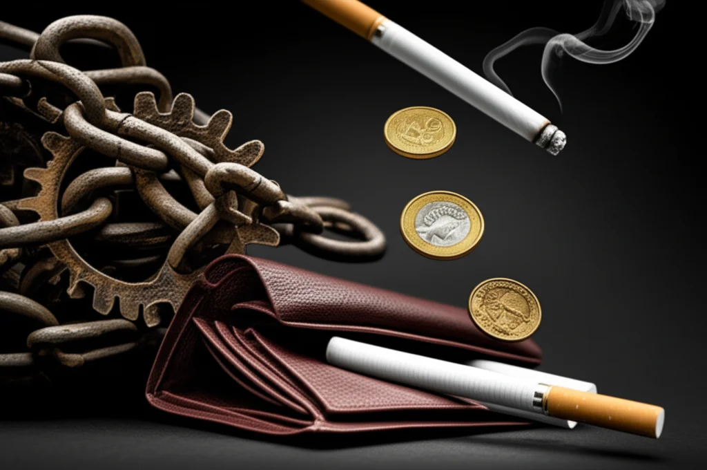 Un grafico concettuale che illustra il percorso dallo stigma strutturale (simboleggiato da ingranaggi arrugginiti o catene) alla deplezione delle risorse economiche (monete che cadono o un portafoglio vuoto) e infine all'uso di tabacco (una sigaretta o una sigaretta elettronica). Stile infografica fotorealistica, obiettivo macro per dettagli, illuminazione controllata per enfatizzare i simboli.